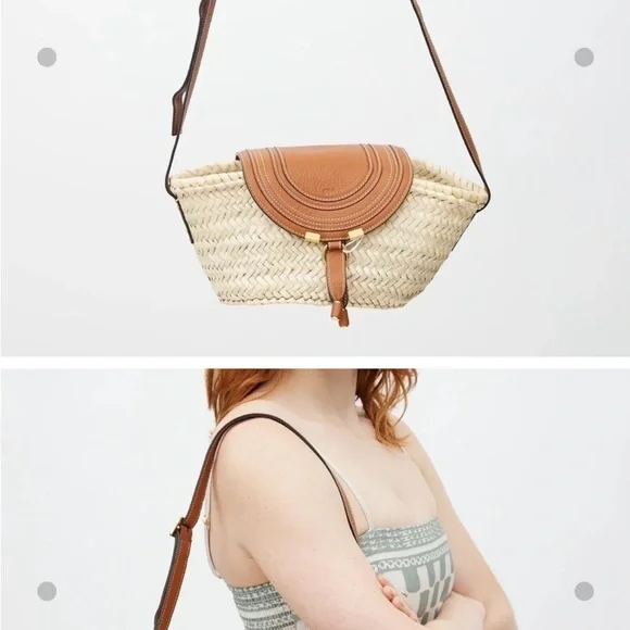 Chloe Marcie leather & raffia Tan Woven shoulder Bag basket crossbody - Picture 8 of 16